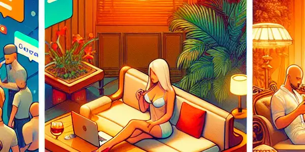 A vibrant digital scene showcasing adult content platforms: Reddit's forum, OnlyFans' luxury, and imaginative storytelling.