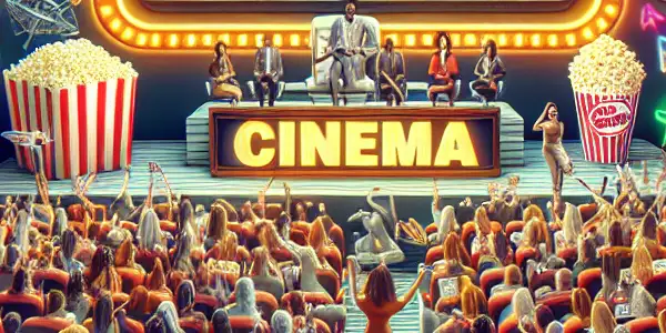A lively online forum of diverse movie enthusiasts discussing box office performances, featuring avatars, a digital scoreboard, and film elements.