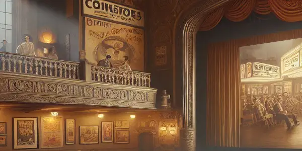 A nostalgic vintage cinema scene with friends enjoying popcorn and an old film, surrounded by ornate decor and classic posters.
