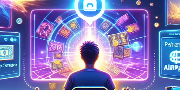 A young gamer excitedly engages with a virtual wallet amidst a vibrant, dynamic gaming environment.