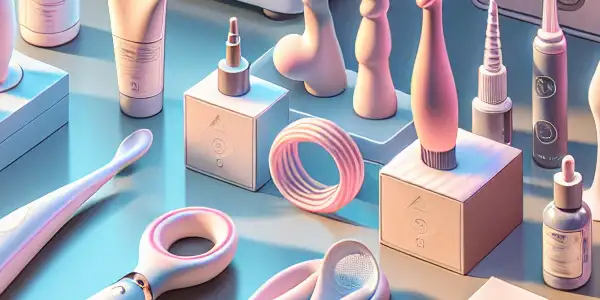 A warm, inviting display of safe, virus-free intimate products for couples, featuring medical-grade silicone items and a UV sterilizer.