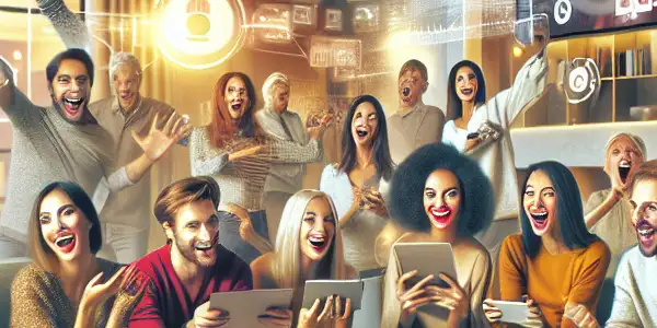 A lively modern living space where diverse individuals engage joyfully with technology, showcasing a vibrant "Passion Membership" lifestyle.