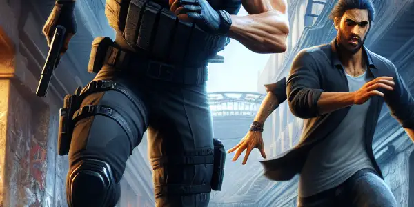 A thrilling parkour chase between a police officer and a criminal in a gritty, futuristic Parisian neighborhood.