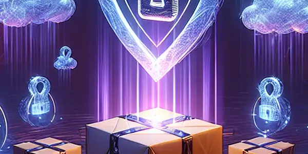 A futuristic digital landscape showcasing secure, glowing packages of adult content surrounded by encryption symbols and protective elements.