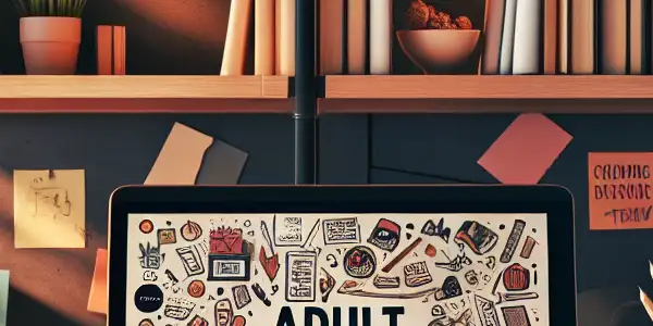 A modern digital workspace for adult content creation, featuring a stylish desk, laptop, bookshelves, and creative elements.