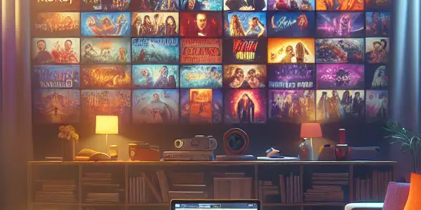 Cozy living room scene for movie watching, featuring a plush sofa, snacks, and a large screen with iconic film montages.