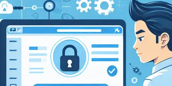 A modern digital workspace featuring a young professional downloading content securely, surrounded by tech gadgets and symbols of safety.