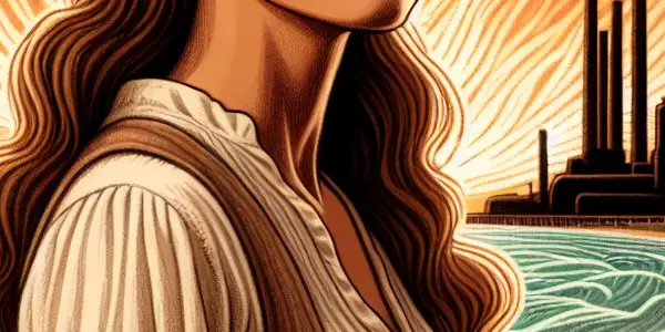 A determined single mother stands in a dusty town, facing pollution with community support against a sunset backdrop.