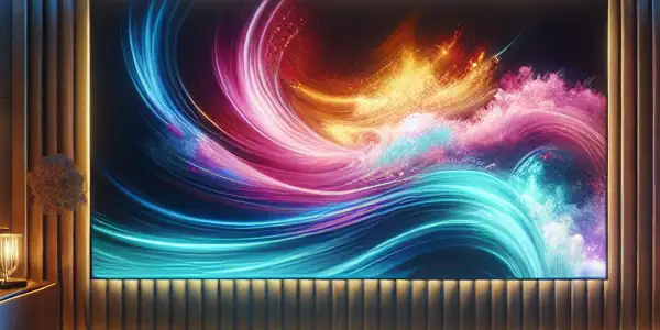 A cozy modern living room with a large screen displaying abstract visuals, snacks, and high-tech gadgets.